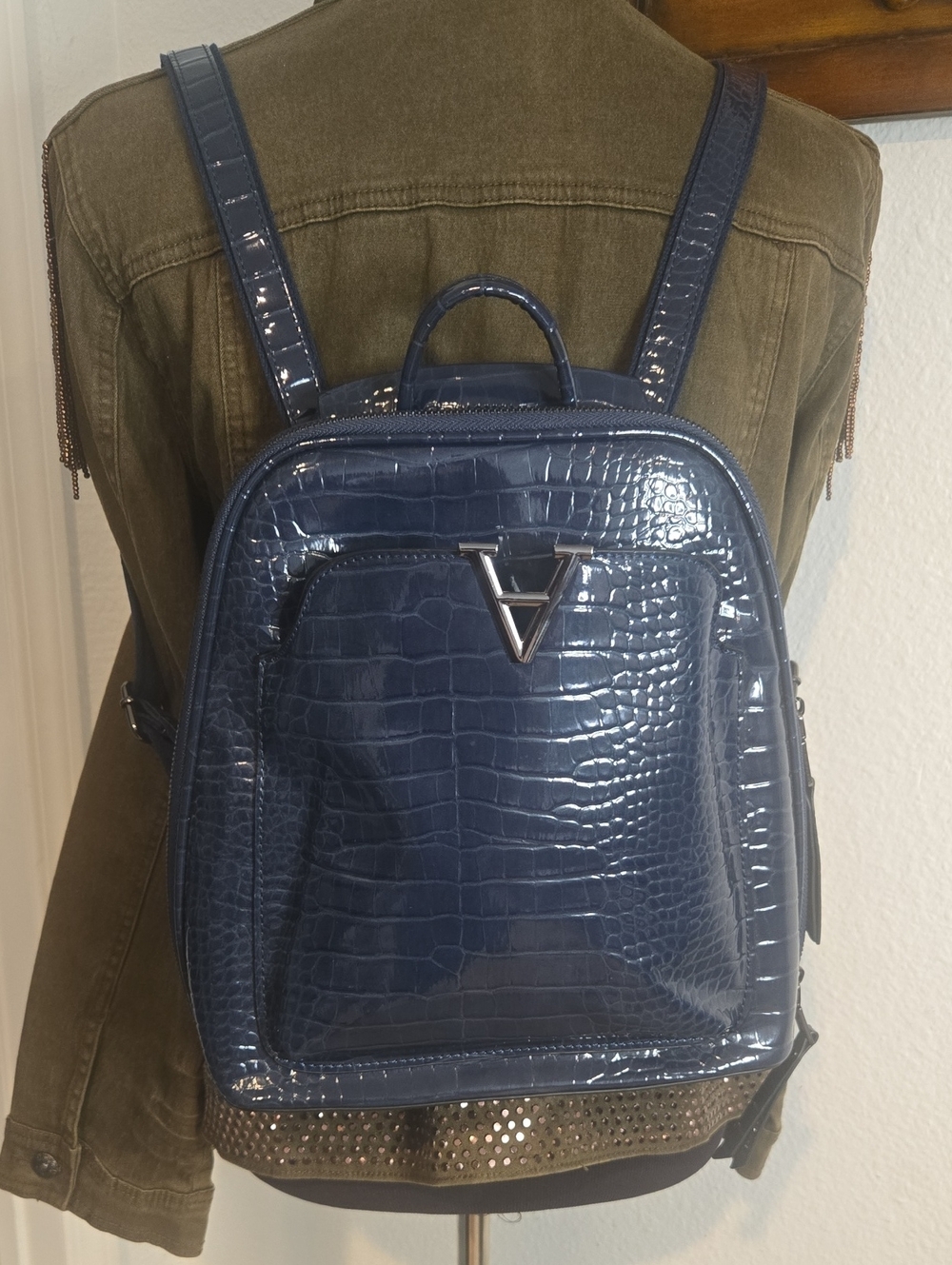 Croc-Embossed Navy Backpack with V Accent